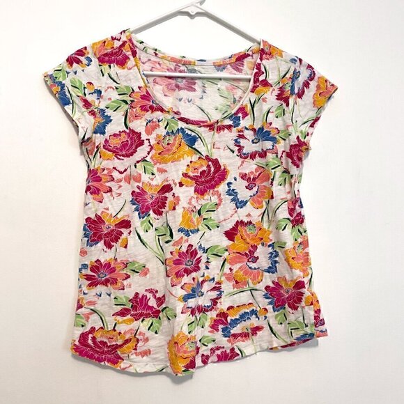 GAP Easy Tee White Pink Multi Floral Scoop Neck Short Sleeve 100% Cotton T-Shirt - Picture 1 of 11